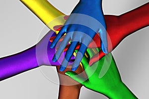 Multi-colored female hands on top of each other as a team. 3d illustration.