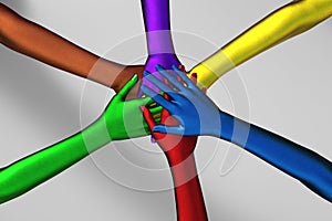 Multi-colored female hands on top of each other as a team. 3d illustration.