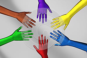 Multi-colored female hands on top of each other as a team. 3d illustration.