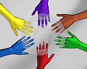 Multi-colored female hands on top of each other as a team. 3d illustration.