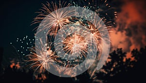 Multi colored fireworks exploding, illuminating the dark night generated by AI