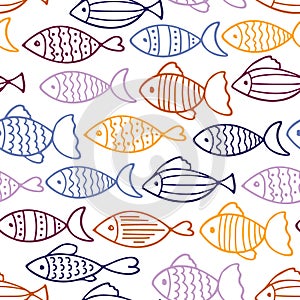 Multi-colored fish seamless pattern. Absrtact Fish icon backgroung. Sketch of fish vector isolated on white background