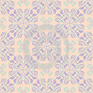 Multi colored floral seamless pattern. Beige background with violet and blue flower elements