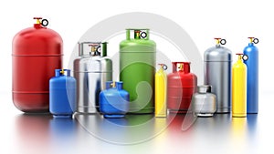 Multi-colored gas cylinders isolated on white background. 3D illustration