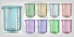 Multi-colored glass chemical beaker with measured divisions.