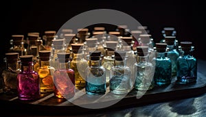 Multi colored glass vials contain liquid medicine generated by AI