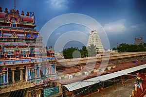 Multi colored gods and goddesses adorn the gopuram