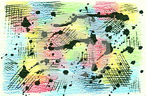 Multi-colored grunge watercolor background with ink black spots of paint with splashes.