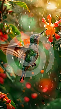 multi-colored Humming bird feeding from a nectar in a rainy day