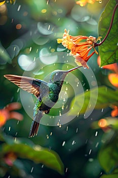 multi-colored Humming bird feeding from a nectar in a rainy day