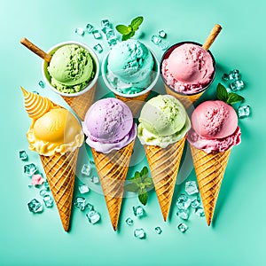 Multi-colored ice cream scoops in waffle cones with wooden ones on a mint bg