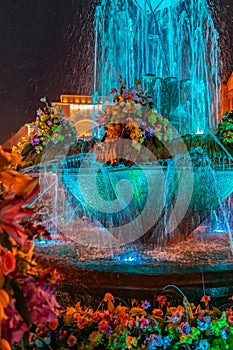 Multi colored illuminated fountain, Timisoara, Romania