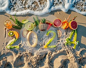 multi-colored inscription 2024 on the sand in summer against the backdrop of the sea with a colored cocktail, fruit on the sand.