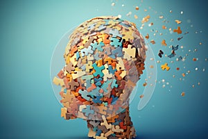 Multi-colored jigsaw puzzle pieces shaped as human head on light blue background