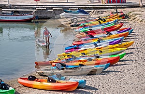 Multi-colored kayaks on the Langeron Beach