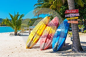 Multi-colored kayaks on a tropical sandy beach. Kayak rental. Tourist entertainment