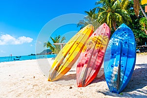 Multi-colored kayaks on a tropical sandy beach. Kayak rental. Tourist entertainment