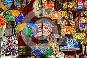 Multi-colored lamps hanging at the Grand Bazaar in Istanbul