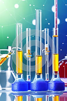 Multi-colored liquids in scientific tubes in a laboratory