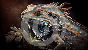 Multi colored lizard horned portrait in tropical forest generated by AI