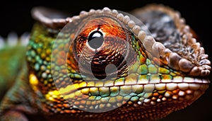 Multi colored lizard in tropical forest, close up of horned head generated by AI