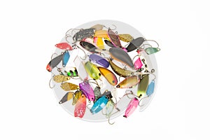 Multi-colored lures, spoons and hard bait (fishing plugs)