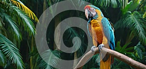 Multi colored macaw perching on branch in tropical forest