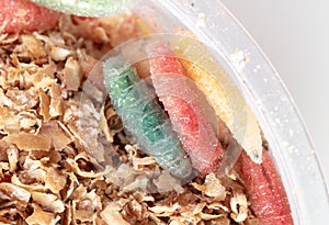 Multi-colored maggots in sawdust as a background. Macro