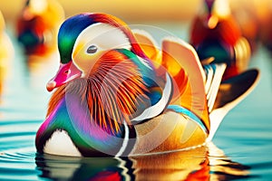Multi-Colored Male Mandarin Ducks Swimming Marsh Waterfowl Springtime Morning Sunrise AI Generated