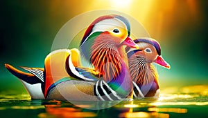 Multi-Colored Male Mandarin Ducks Swimming Marsh Waterfowl Springtime Morning Sunrise AI Generated