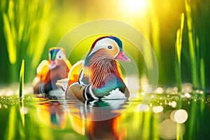 Multi-Colored Male Mandarin Ducks Swimming Marsh Waterfowl Springtime Morning Sunrise AI Generated