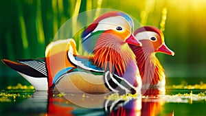 Multi-Colored Male Mandarin Ducks Swimming Marsh Waterfowl Springtime Morning Sunrise AI Generated