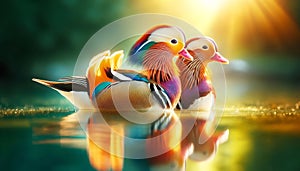 Multi-Colored Male Mandarin Ducks Swimming Marsh Waterfowl Springtime Morning Sunrise AI Generated