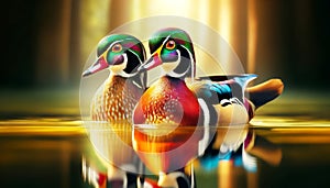 Multi-Colored Male Wood Ducks Swimming Marsh Waterfowl Springtime Morning Sunrise AI Generated