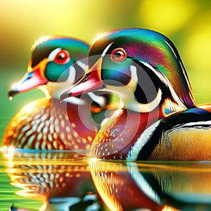 Multi-Colored Male Wood Ducks Swimming Marsh Waterfowl Springtime Morning Sunrise AI Generated