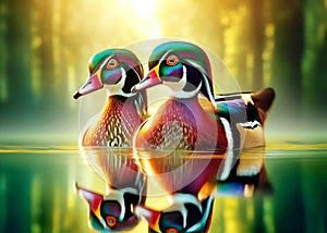 Multi-Colored Male Wood Ducks Swimming Marsh Waterfowl Springtime Morning Sunrise AI Generated