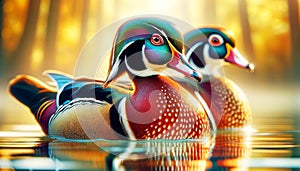 Multi-Colored Male Wood Ducks Swimming Marsh Waterfowl Springtime Morning Sunrise AI Generated
