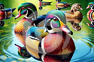 Multi-Colored Male Wood Ducks Swimming Marsh Waterfowl Springtime Morning Sunrise AI Generated