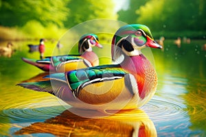 Multi-Colored Male Wood Ducks Swimming Marsh Waterfowl Springtime Morning Sunrise AI Generated