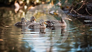 Multi colored mallard duck family swimming in tranquil pond reflection generated by AI