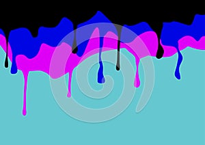 Multi-colored melt drips or liquid paint drops isolated on sky blue background