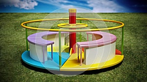 Multi-colored merry-go-round on the grass. 3D illustration