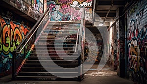 Multi colored mural illuminates dirty subway staircase in modern city chaos generated by AI
