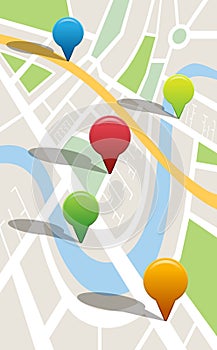 Multi colored navigation pointers on map