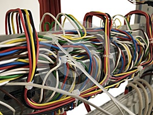 Multi colored network cables connected to data center server