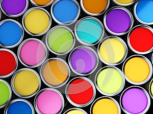 Multi colored paint cans background. 3D illustration