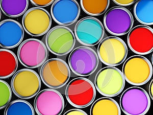Multi colored paint cans background. 3D illustration photo