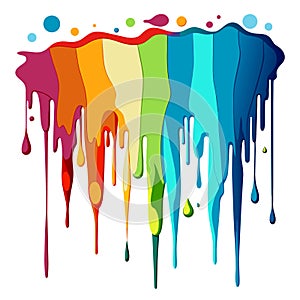 Multi-colored paint flows in drops on a white surface
