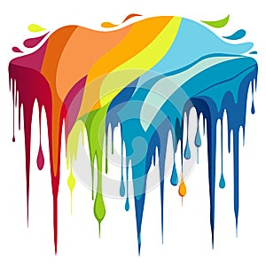 Multi-colored paint flows in drops on a white surface