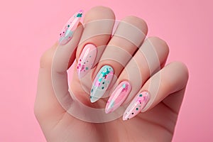 Multi-colored pastel manicure combined tone on tone with a striped background.Nail art. Female hands with trendy colorful French